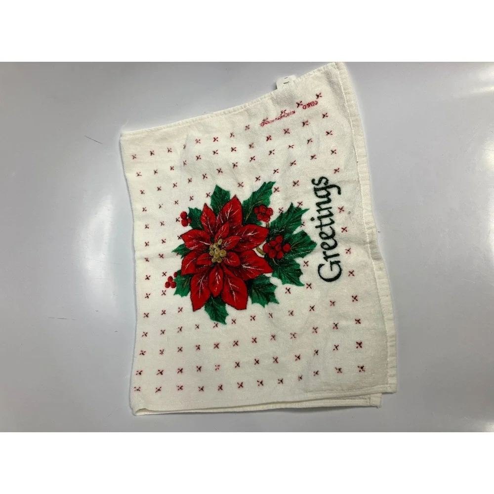 Vintage Christmas‎ holiday hand towels tea towels retro poinsettia teddy bear